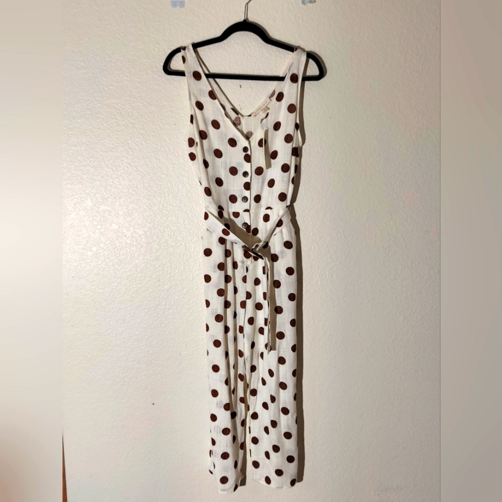Monteau Los Angeles White/Brown Polka Dot Belted Jumpsuit Women's Size M NWT